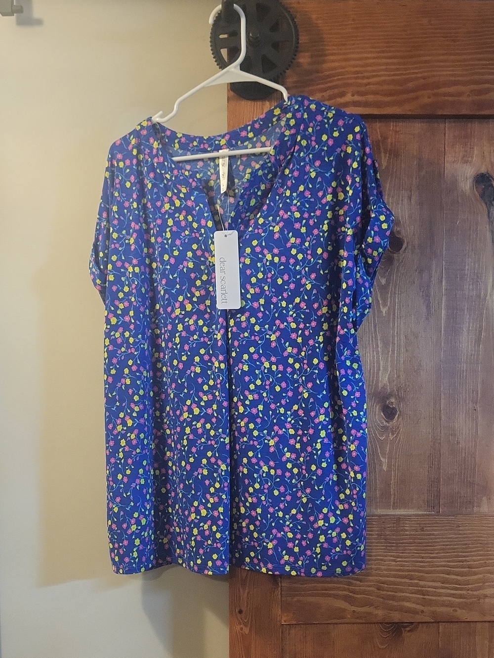 Dear Scarlett blue floral V-neck blouse with pink and yellow blooms